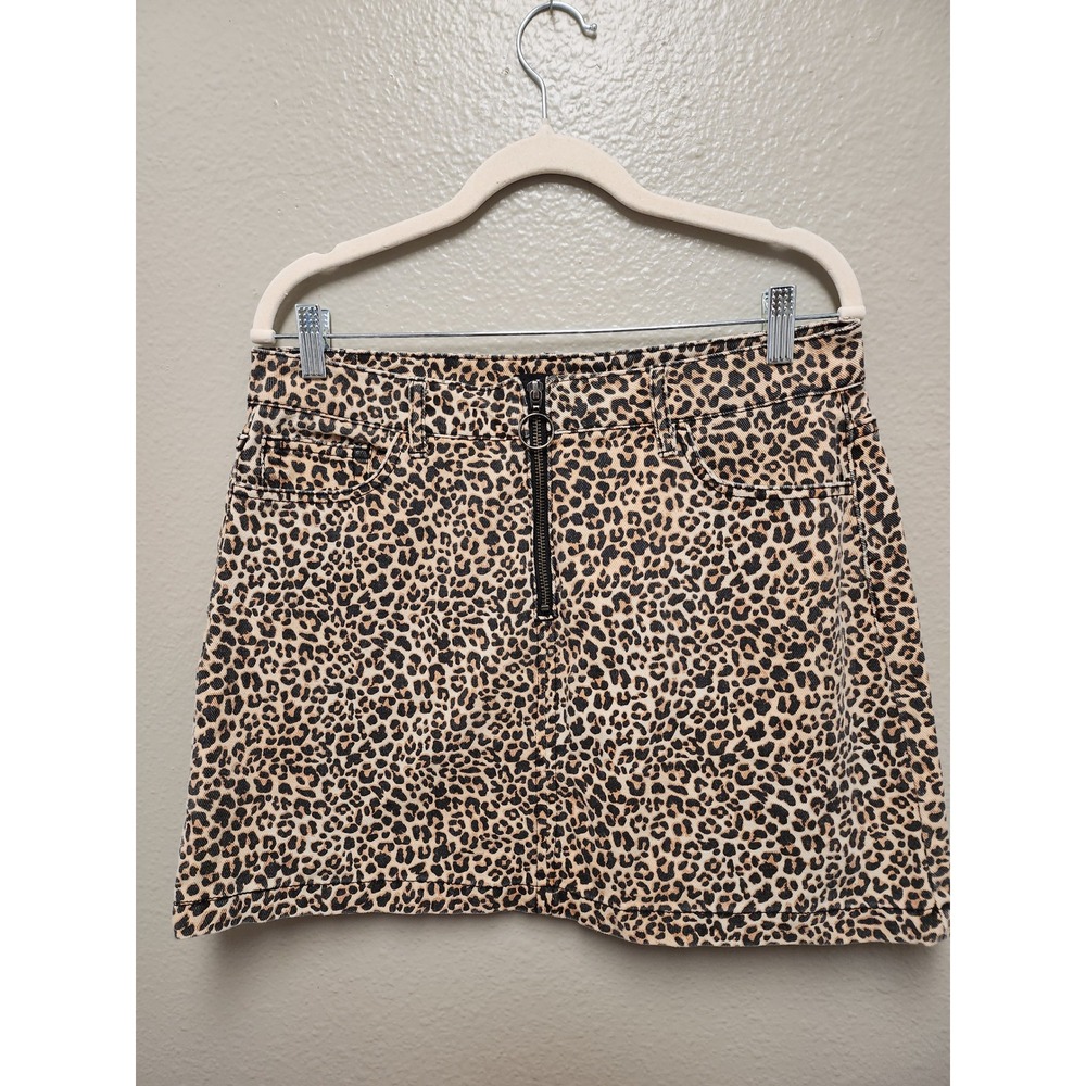 BDG Urban Outfitters Leopard Print Denim Mini‎ Skirt O-Ring Zip Tan Black Large